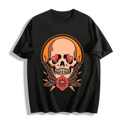 Retro Heart Skull Print Tee Trendy American Casual Top Pure Cotton T-shirt