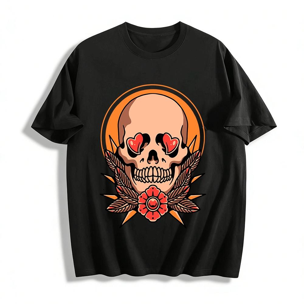 Retro Heart Skull Print Tee Trendy American Casual Top Pure cotton T-shirt XXS