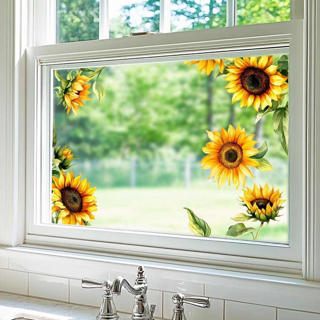 Sunflower Window Decoration Sticker Rustic Style Glass Wall Decal Home Wall Decor Self-Adhesive