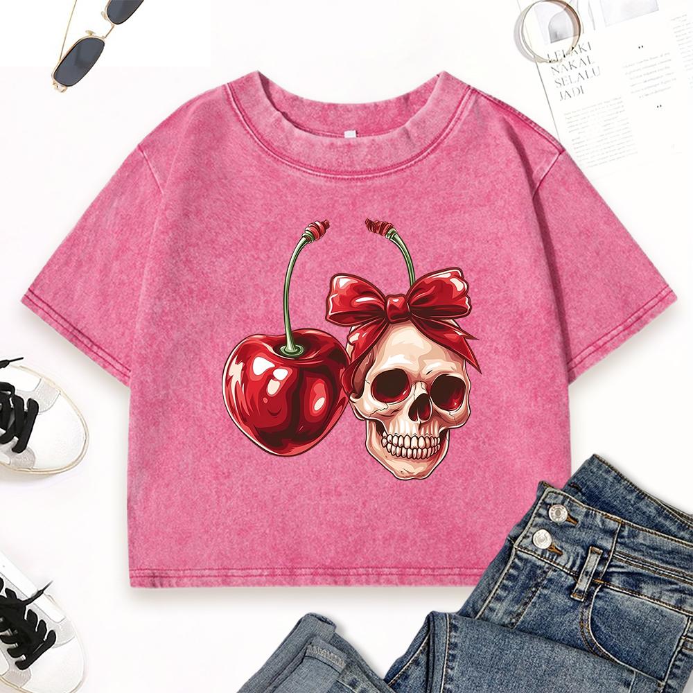 Red Skeleton Cherry Prints Women Crop Washed T-Shirt Slim Fashion T Shirt Street Cotton Short Sleeve Summer Tops