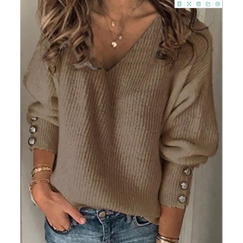 Women's Casual Sweater Pullover Autumn And Winter Loose Solid Color V-neck Knitted Sweater Tops