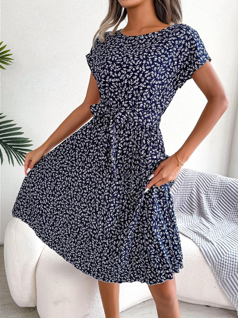Fashion Floral Pleated A Line Long Dress Women Spring Summer Short Sleeve High Waist Chic Dress 2024 Casual Blue Bohemian Dress