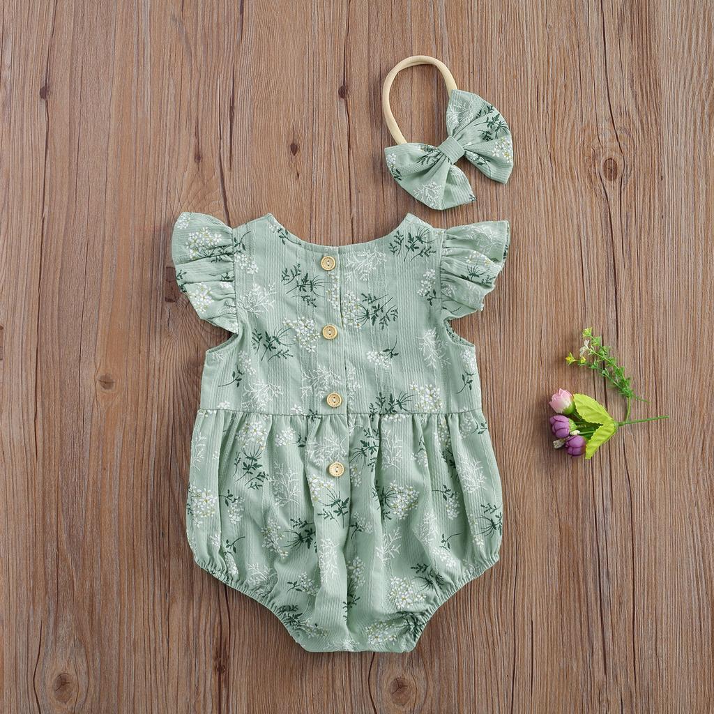 Newborn Infant Baby Girls Romper Cotton Fly Sleeve Floral printed Jumpsuit With Headband Toddler Soft Clothes Outfits