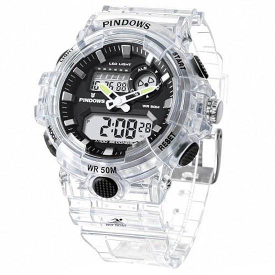 PINDOWS Womens Sports Watch LED Backlight Transparent Analog-Digital Dual Time Display 50m Waterproof TPU Band Active Women Teens