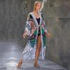 Ethnic Style Swimwear Cover Up Retro Print Lace Up Women Summer Long Kimono Dress Beachwear Bikini Cover Up Q1521