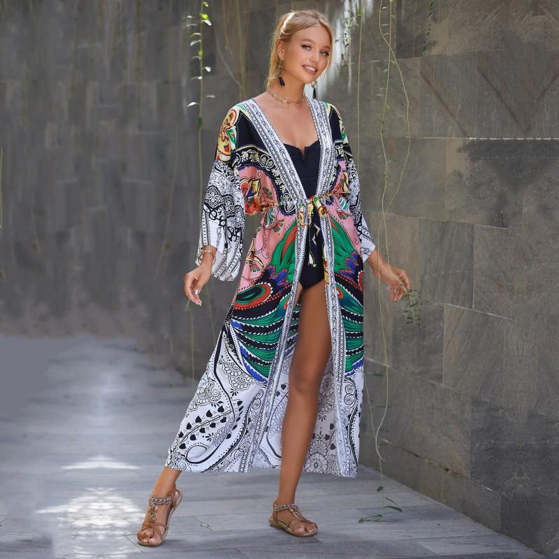 Ethnic Style Swimwear Cover Up Retro Print Lace Up Women Summer Long Kimono Dress Beachwear Bikini Cover Up Q1521