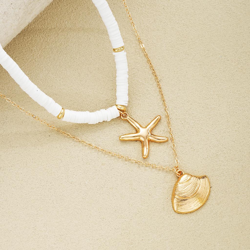Dvoudílná sada módního náhrdelníku z měkké keramiky ve tvaru hvězdice a mušle, bosenský plážový prázdninový styl, vrstvený řetízek na klíční kost