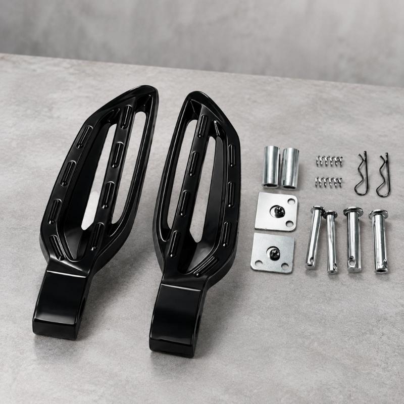 Motorcycle Passenger Footboards, Aluminum Rear Support Pair with Open-Frame Bodies, Ridged Treads, and Mounting Hardware