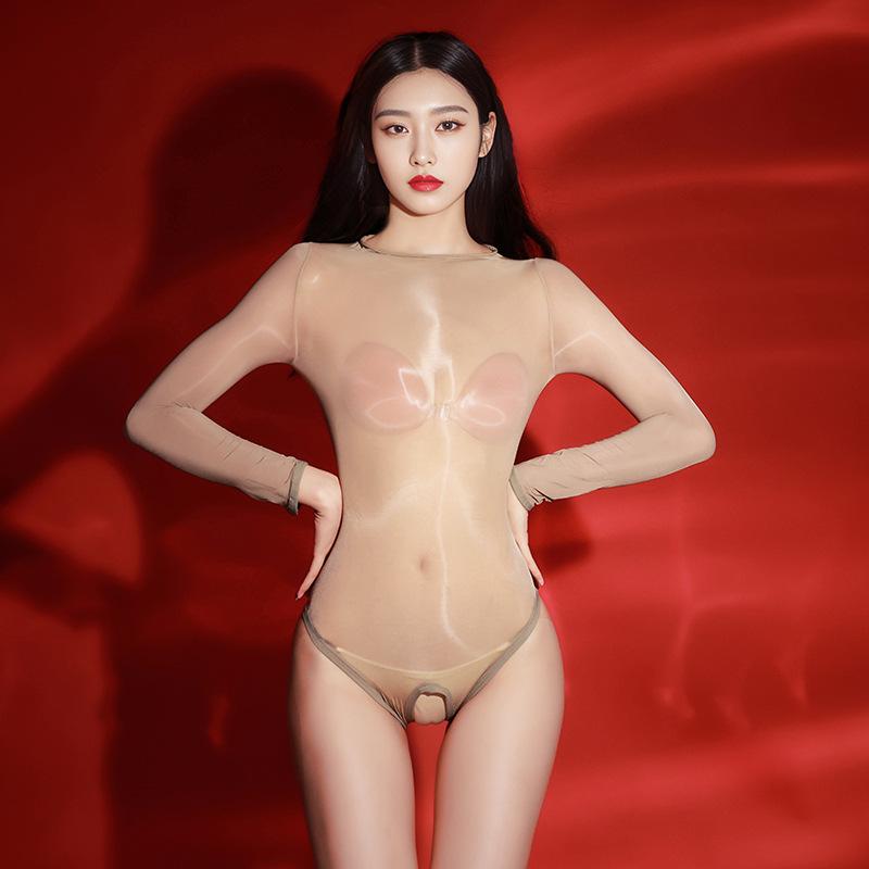 New Style Seamless Glossy Swimsuit Sexy Temptation Fully Transparent Tight See-through Open Crotch No Need to Take Off Lingerie