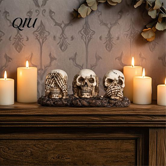 Alte Textur Schädel Sehen Hören Sprechen Kein Böses Figur, Gruselige Halloween Harz Dekoration Skelett Statue für Kaminsims, Tisch, Gothic Wohnkultur Vintage