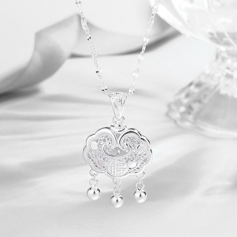SHIAI S925 Sterling Silver Peace Lock Fu Character Retro Clavicle Chain Pendant