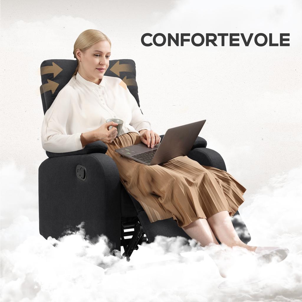Manually Reclining Armchair To 60 Degrees Extra Padded In Fabric with Footrest, Black