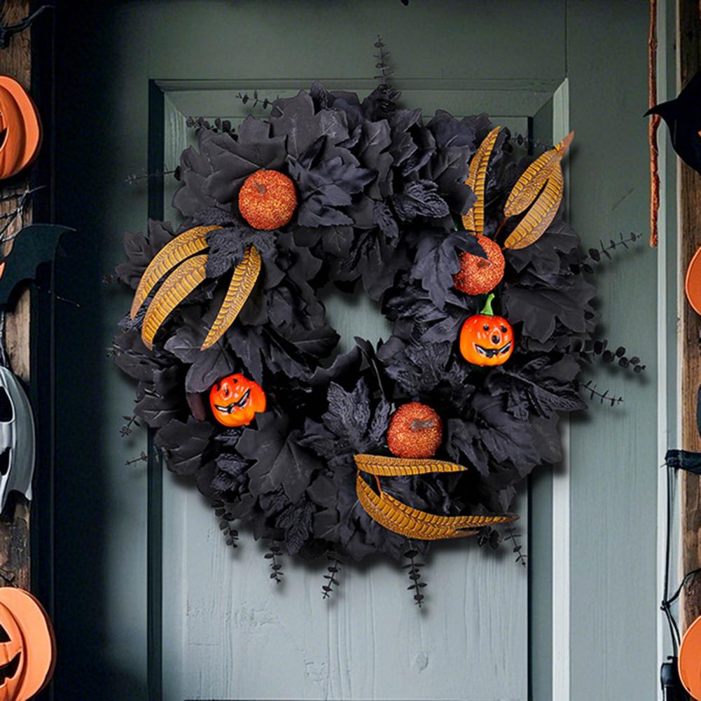 Black Eucalyptus Leaf Pumpkin Wreath Elegant Halloween Wreaths with Pumpkin Feather Eucalyptus for Front Door Home Decor Indoor