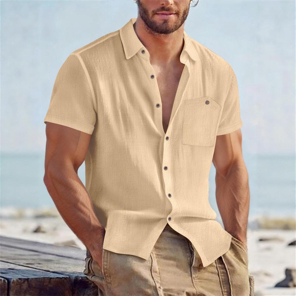 Men Solid Linen Short Sleeve Casual Turn Down Collar Loose Breathable Mens Shirt