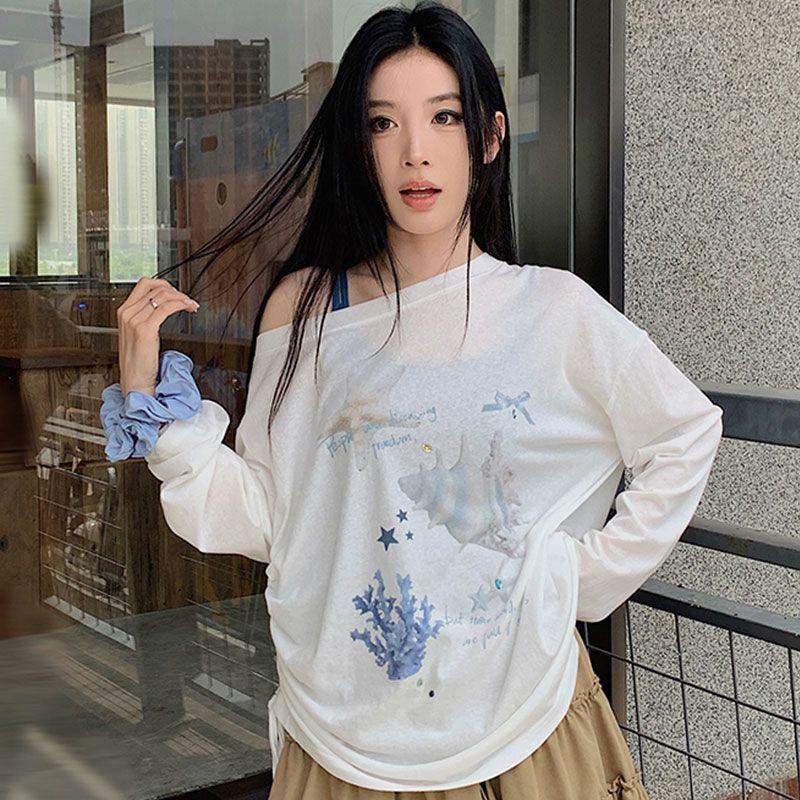 

Женские свободные футболки Мультяшные Белые Девичьи Милые Футболки С Длинным Рукавом Модные Женские Футболки Y2K Футболки Для Леди XL белый