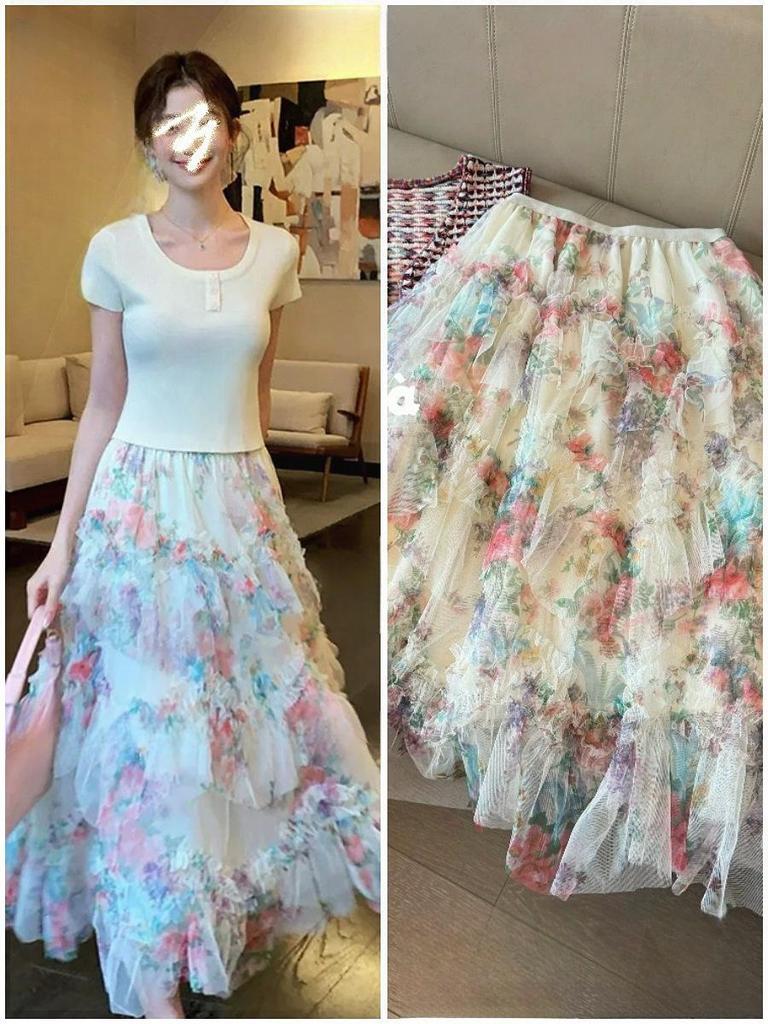 Dopamine Mood Floral Mesh Skirt: Romantic French-Style, Elegant Layered Design