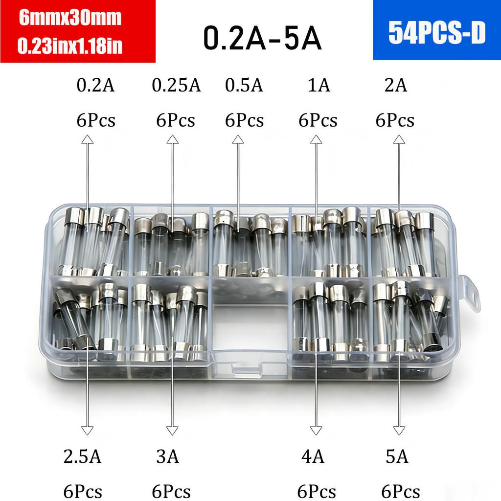 Car Fast-Blow Glass Tube Fuses 0.1A~35A Quick Blow Car Glass Tube Fuses Assorted Kit for Car Light Inflator