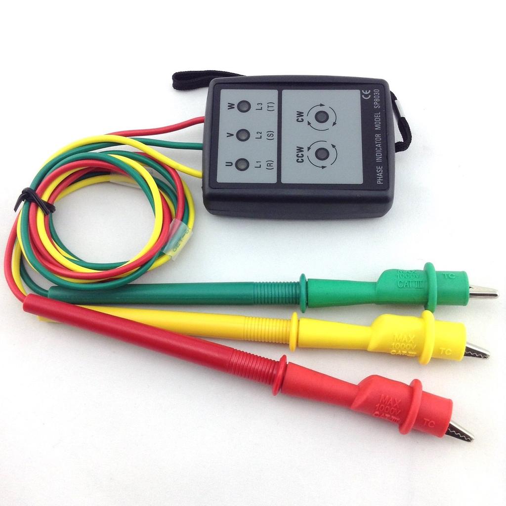 Three-phase phase tester with LED, buzzer, and case. Suitable for use with transformers, inverters, circuit breakers, outlets, cords, extension cords,