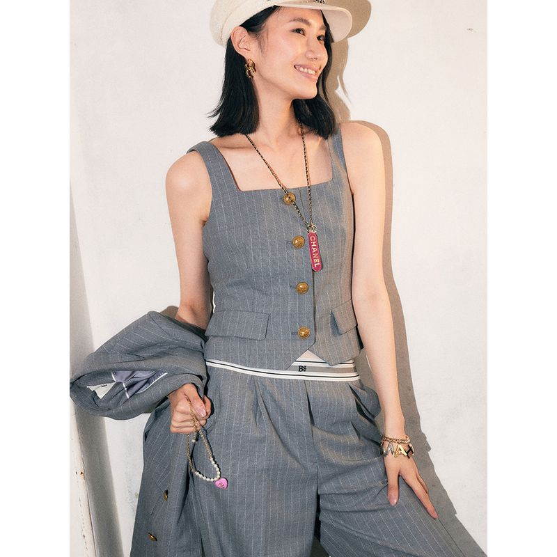 

Blacknini Yinhuafu/Italy Import Fabric Ce Style Stripes Gold Button Suit Vest Grey-vest XL