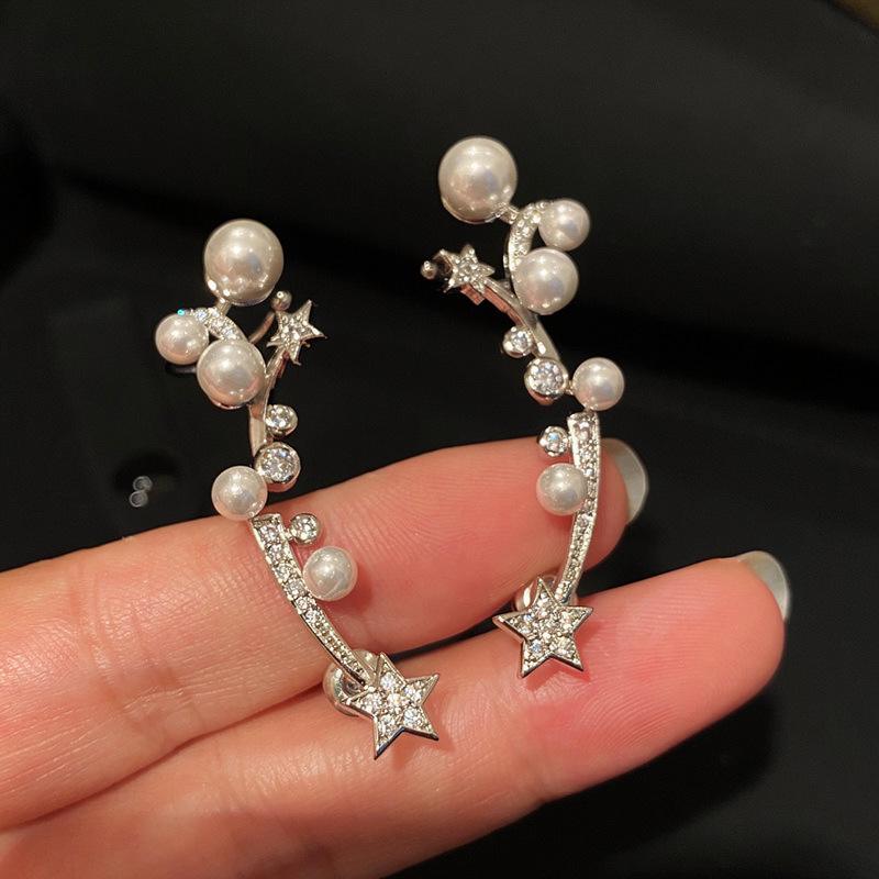 Silver Needle Zirconia Star Pearl Ear Clip - Elegant Light Luxury Cartilage Stud for Non-Pierced Ears