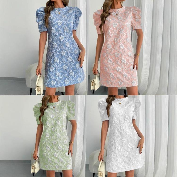 Textured Jacquard Women New Style Summer Vintage Dresses Round Neck Bubble Sleeve