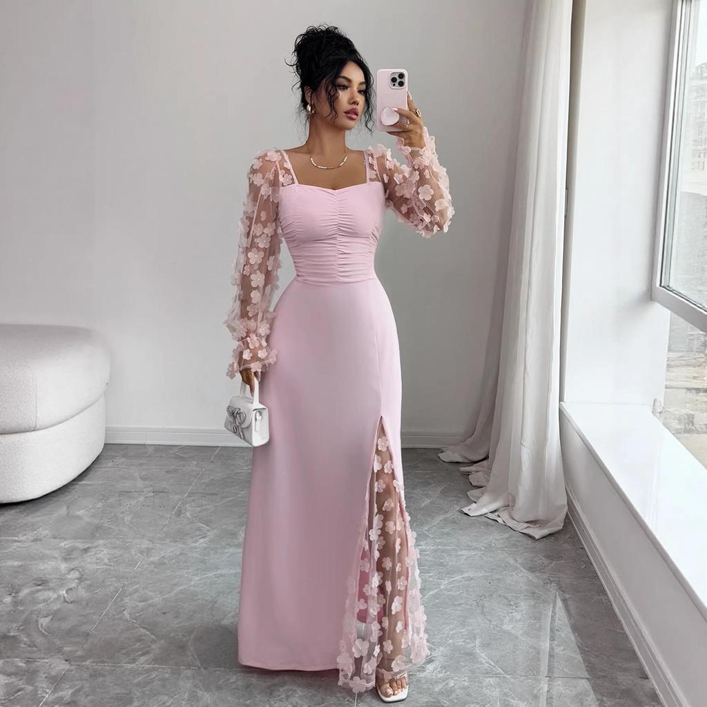 French Retro See-through Long Sleeve Evening Dress (2026)