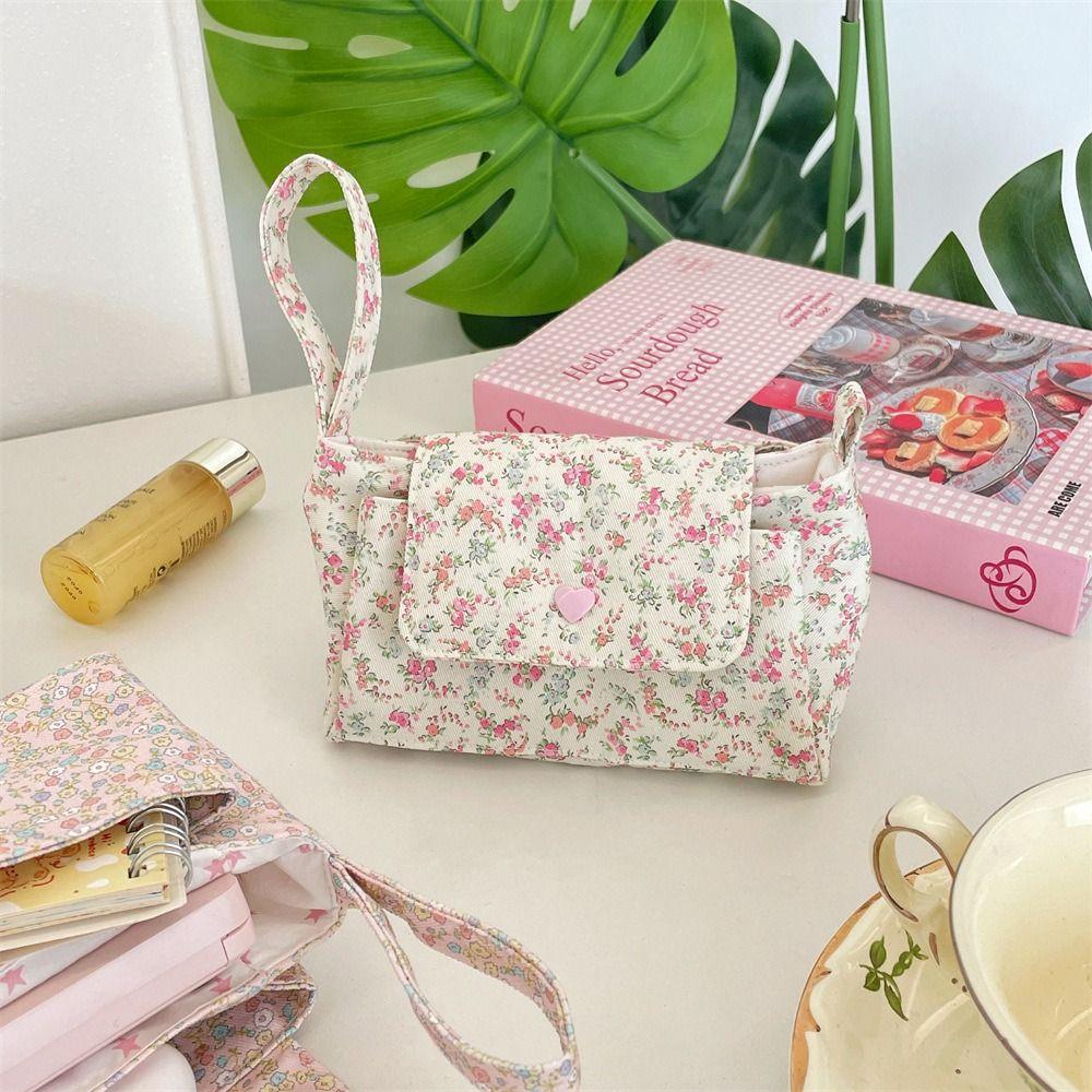 Snap Button Floral Makeup Bag Print Layered Storage Bag Organizer Pouch Coin Purse Daily Storage