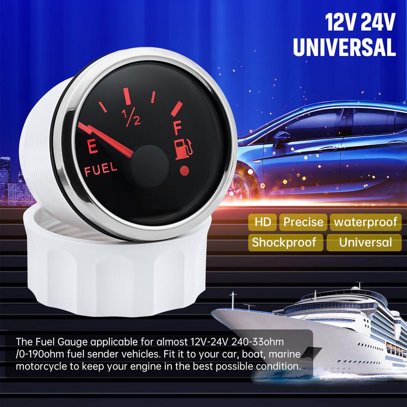 52MM Fuel Level Gauge With Red Backlight Warning Light 0-190 Ohm 240-33ohm Fuel Tank Indicator For Car Marine Yacht Boat 12V 24V