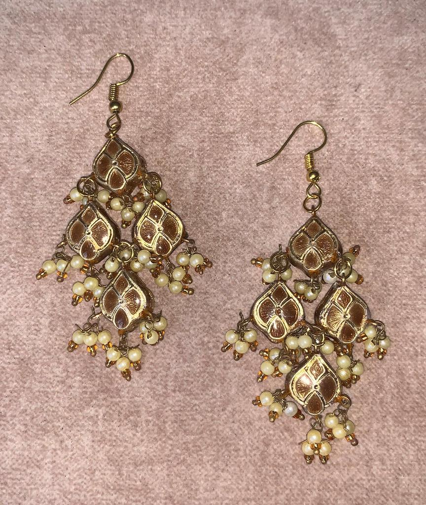 Indian Handmade Drop Earrings Gold Finish Beads Lacquer Kundan Jewelry