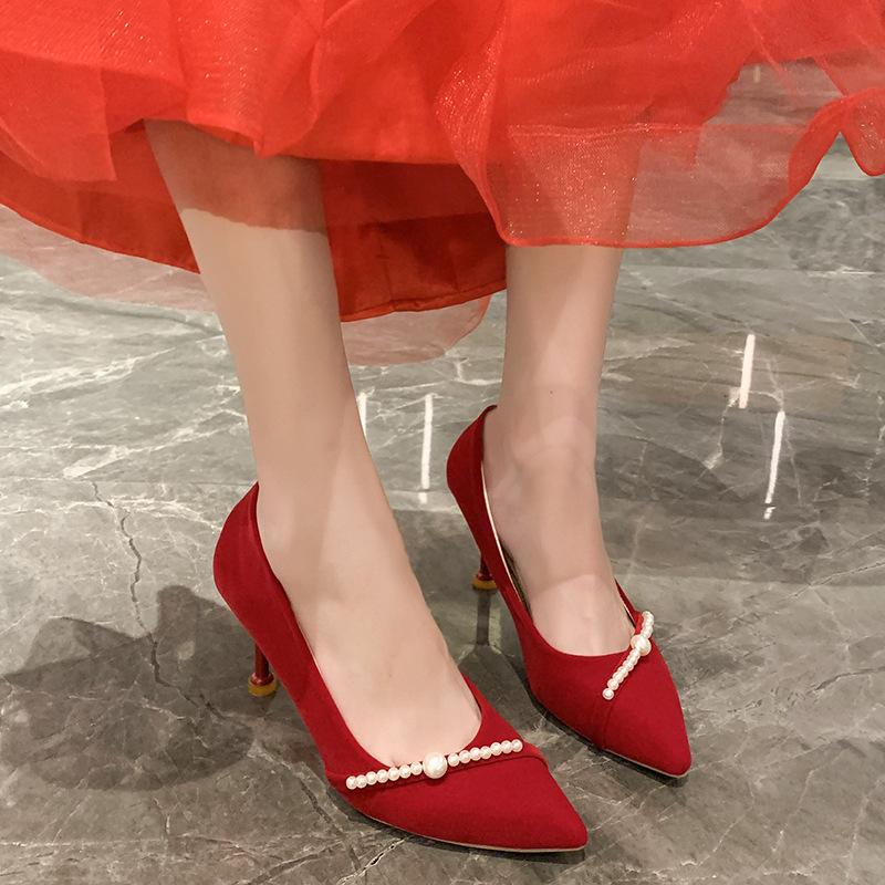 

Новые свадебные туфли женские высококлассные туфли на высоком каблуке для свадебного платья Сюхэ, свадебные туфли, красные туфли-лодочки с жемчугом 40 красный