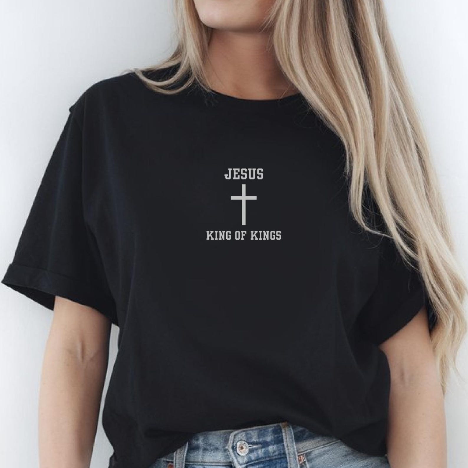 Embroidered Jesus King of Kings T-Shirt, Christian Shirt, Faith Tee, Silver Embroidery 4XL