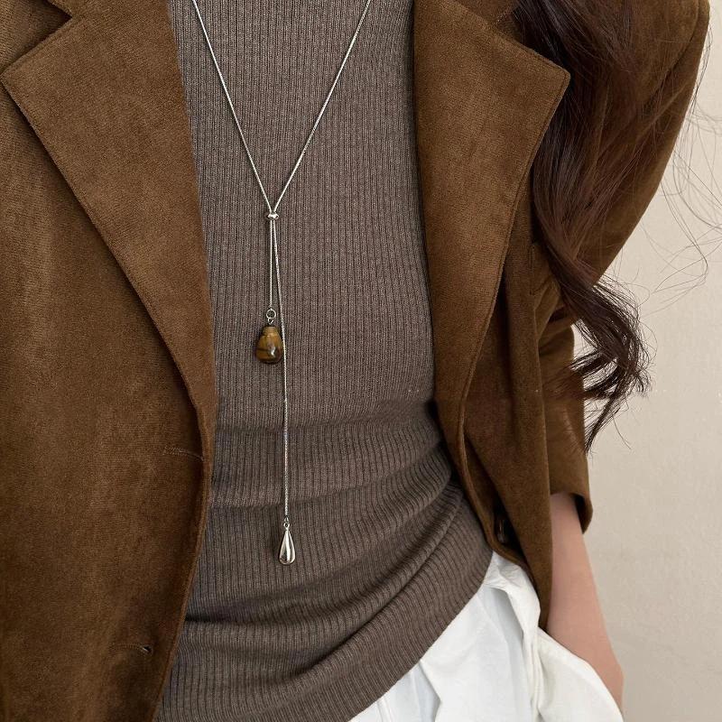 Simple Water Droplet Pendant Necklace For Women  Irregular Metal Smooth Long Y-Shaped Necklace Sweater Chain Jewelry