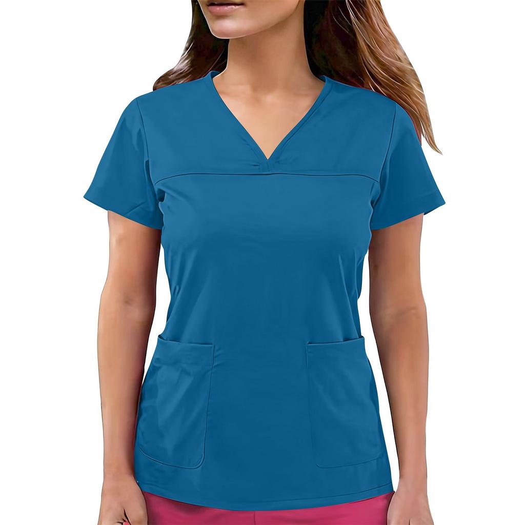 Top de uniforme de cuidador de manga corta con cuello en V de color para mujer con bolsillos de color