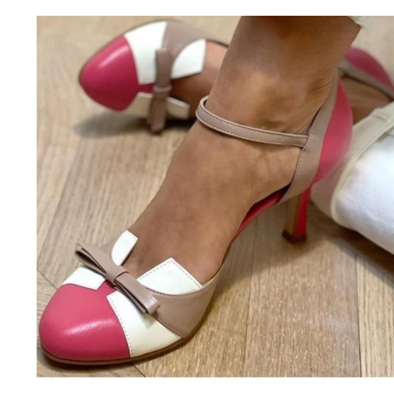 Fashion New Style Sweet Female Pumps Round Toe Small Heels 6cm Buckle Strap Bowknot Mixed Color Plus Size 34-43 Spring Dating Shoes
