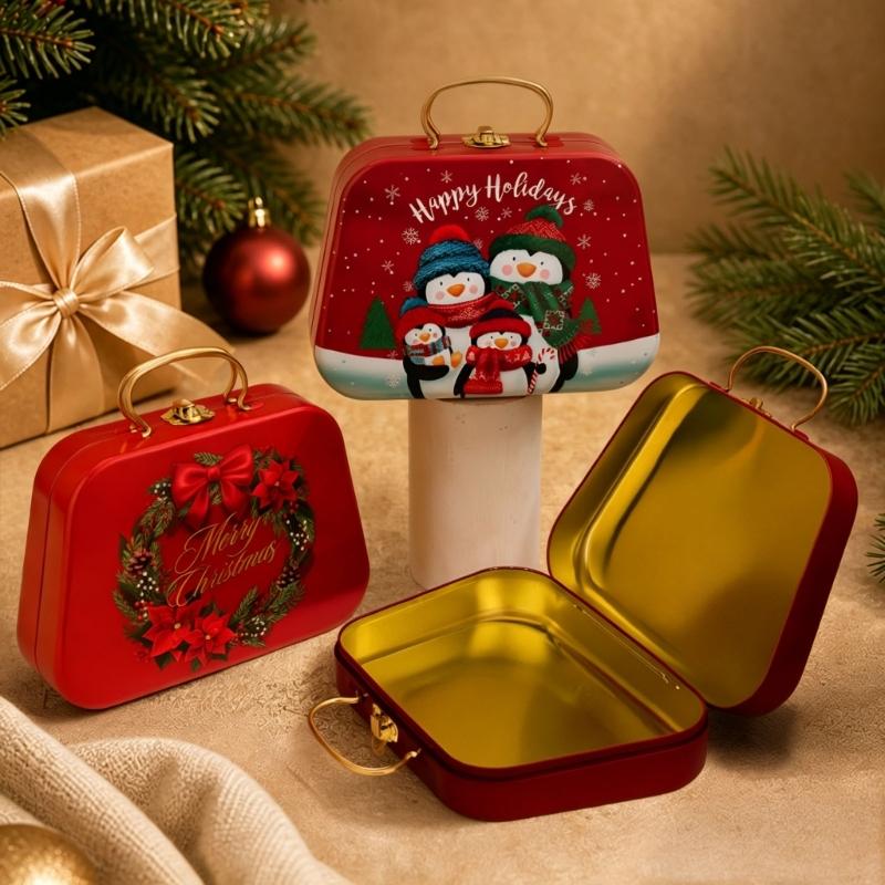Holiday Gift Tin Box Christmas Metal Treat Container with Handle and Lid Closure for Small Gifts, Dessert Table Use