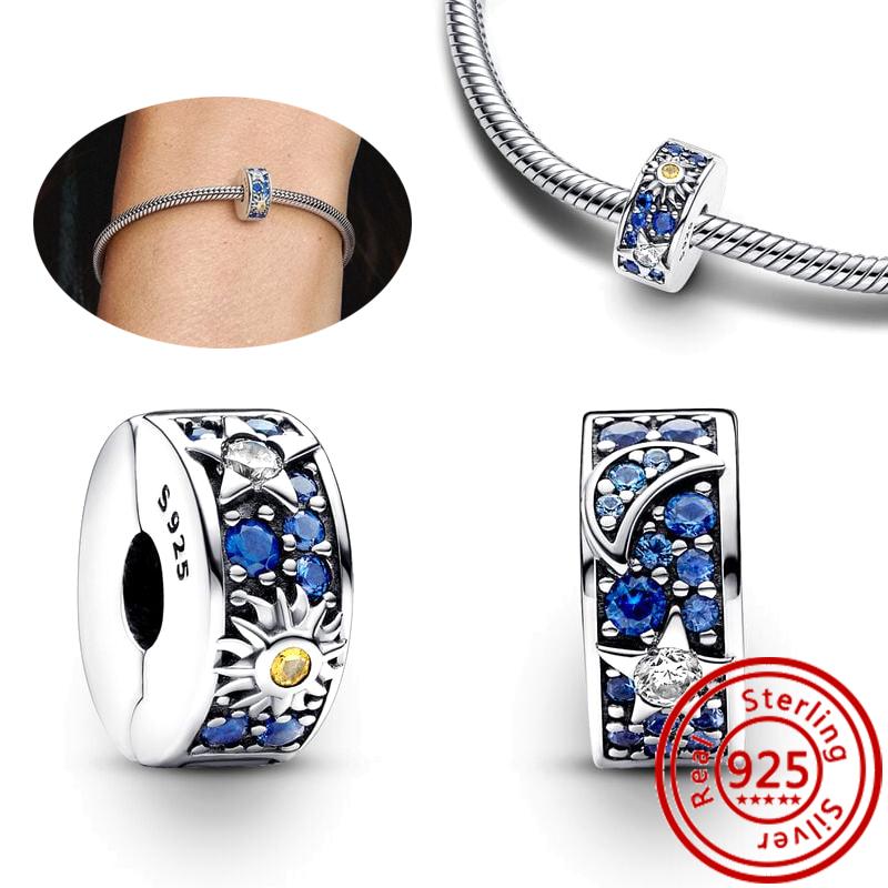 925 Sterling Copper Blue Glass Zircon Series Sparkling Pendant Simple Classic Beads Fit Original Pantaro Charms Bracelet Zircon