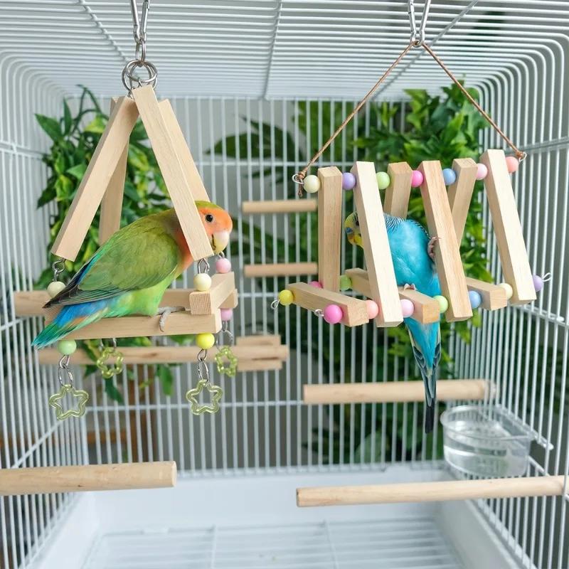1PC Wood Parrot Swing Toy Hanging Climbing Ladder Bird Perch Stand Blocks Chew Toys For Budgie Cockatiel Conure Cage Accessories