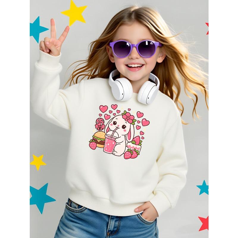 Kids Crewneck Sweatshirt, Cute Bunny Drinking Strawberry Milk Creative Print,Daily Casual Top for Spring & Autumn