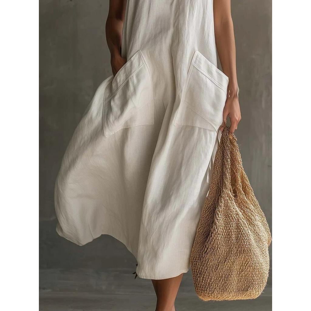 Nuevo Vestido de Verano Casual Vintage de Lino para Mujer, Vestido Midi sin Mangas con Escote en V y Bolsillo de Parche para Vacaciones
