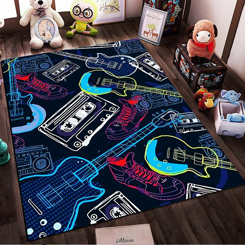 Music-Themed Carpet with Guitars, Cassette Tapes, and Sneakers Design Suitable for Use As an Anti-slip for Living Room Bedroom Sofas
