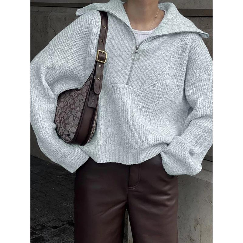 Neformální pletený venkovní kabát svetry dámský svetr podzim zima móda volný dlouhý rukáv poloviční zip klopa pulovr svetr