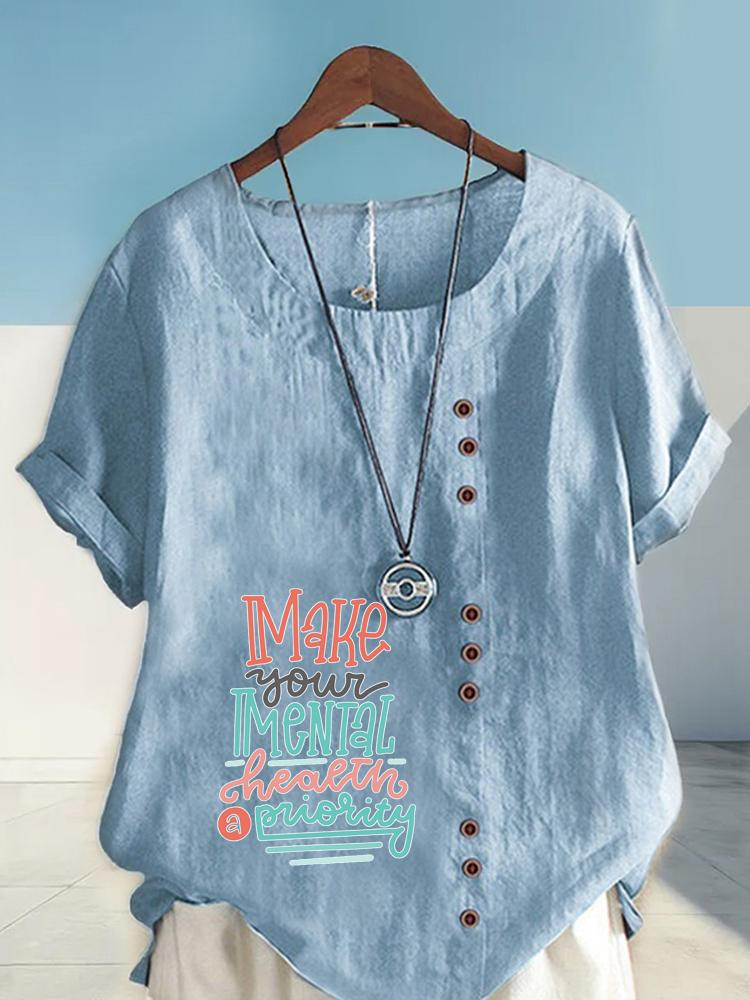 Women's Fashion Multi-color Letters Print Round Neck Short Sleeve T-shirt Summer Casual Cotton Linen Graphic Shirt Leisure Loose Blouse Tops