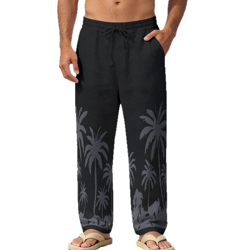 Men's White Palm Tree Print Drawstring Summer Beach Pants