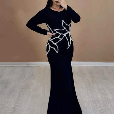 New Slim-fit Bandage Skirt Knitted High-elastic Long-sleeved Dress Waist-side Drill Long Dress Evening Dress Dress