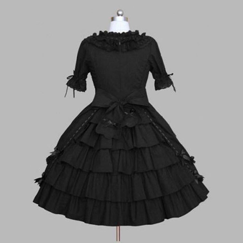 Fashion Women Vintage Gothic Bow Lace Flounce Long Sleeve Patchwork Dress