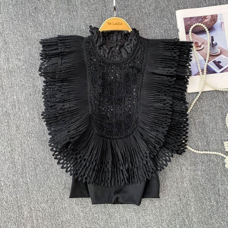 

Internet Celebrity Age-Reducing Heavy Industry Beads Butterfly Wings Small Flying Sleeves Shirts Women Summer Immortal Beautiful Wear Slimming Top Black M