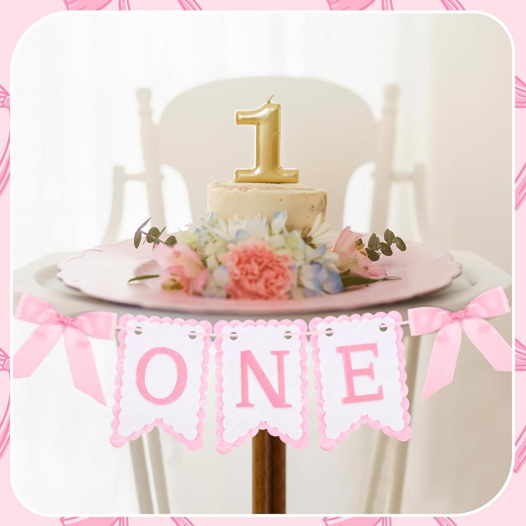 VitalCozy Pink Felt Coquette Bow One High Chair Banner for Girl First Birthday High Chair Banner Sweet One Bow 1st Birthday Decorations (Classic)
