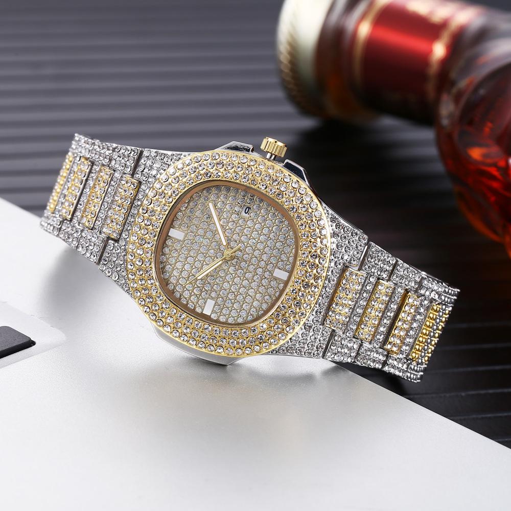 Starry Sky Diamond Wristwatch & Bracelet Set - Unisex, Hip Hop Style, Full Diamond Steel Band, Calendar Feature.