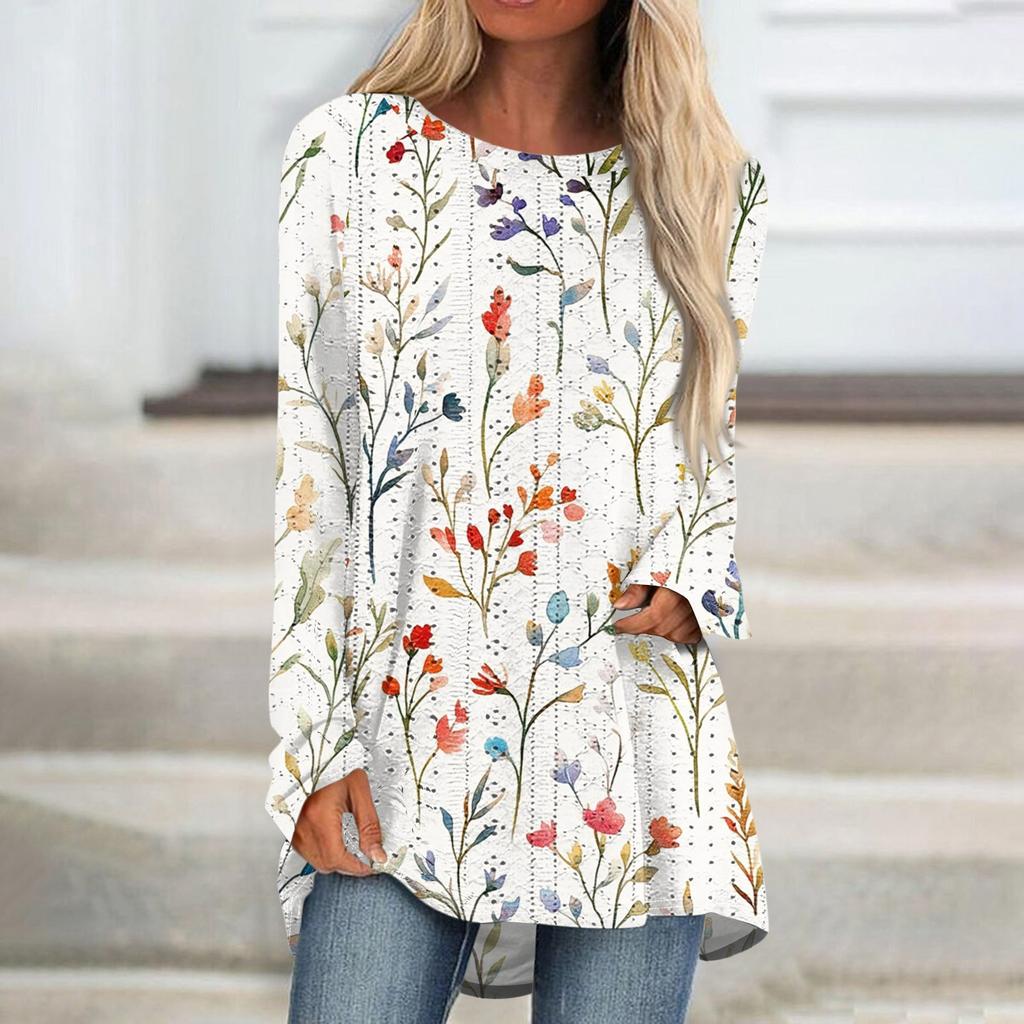 Womens Tops Round Neck Long Sleeve Blouses Casual Mid-length Shirts Fashion Print Tunic Tops