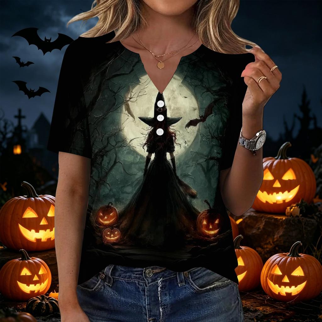 Womens Casual V Neck Short Sleeve Button T Shirt Halloween Pumpkin Witch Print Top Lightweight Comfortable Fit